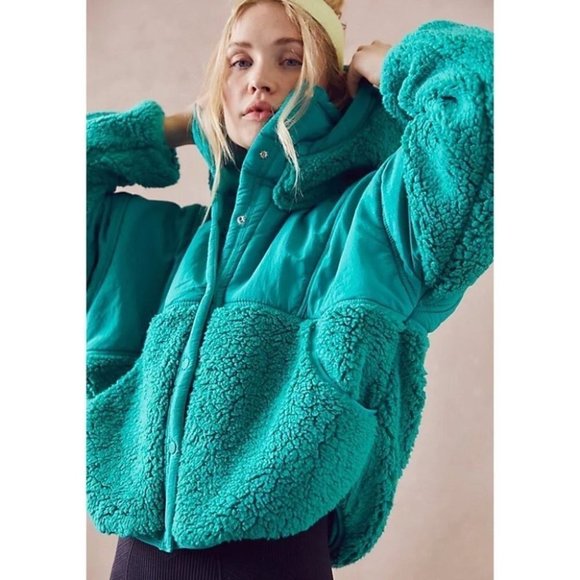Free People Jackets & Blazers - NWT Free People Adventures Awaits Fleece Sherpa Snap Jacket Coat Teal Green